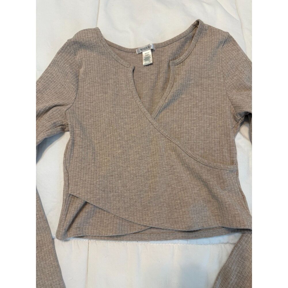 Bozzolo Womens M Taupe Ribbed Faux Wrap V Neck Long Sleeve Crop Top Y2K